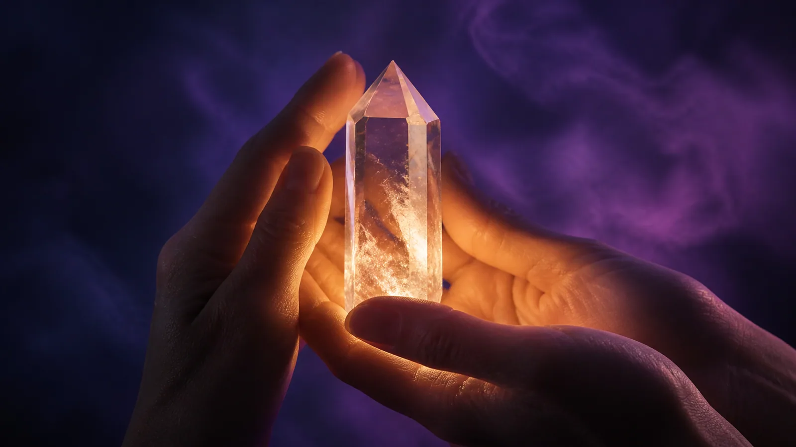 Mains tenant un cristal de quartz transparent avec halo doré tamisé, métaphore de la résonance énergétique entre cristaux et Reiki