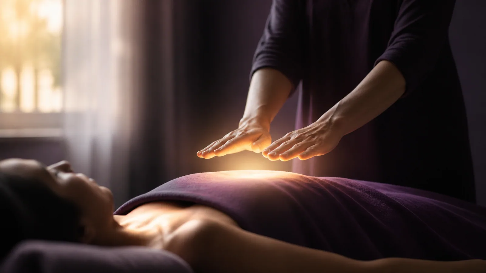 Mains de praticien légèrement levées au-dessus du buste d'une personne allongée, halo doré tamisé, métaphore de l'apaisement par le Reiki Shamballa