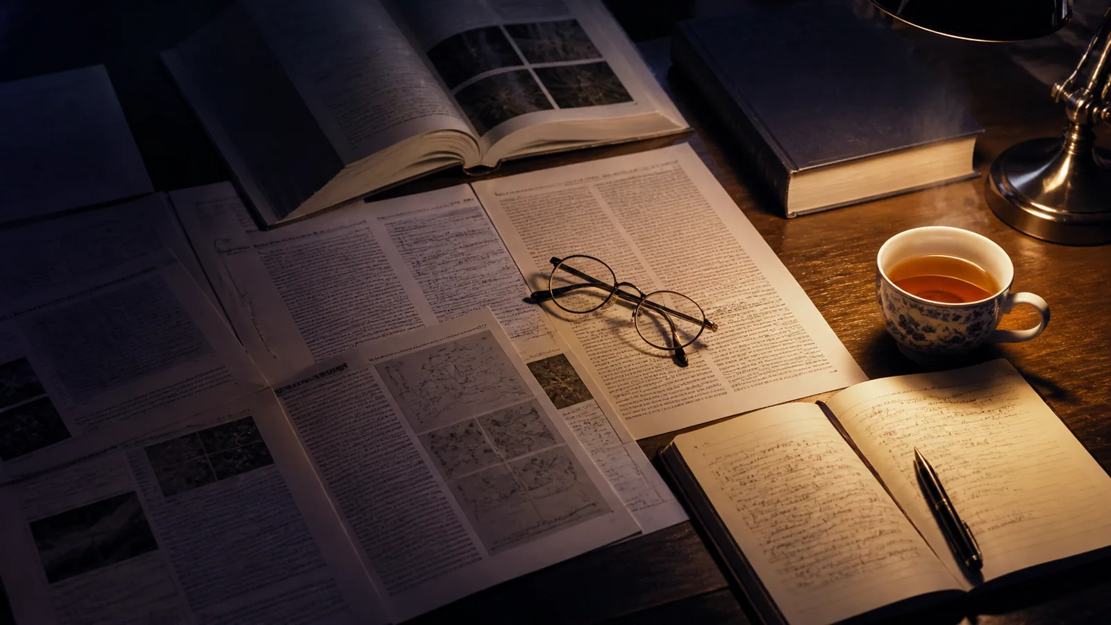 Bureau de recherche avec articles scientifiques étalés, lunettes et carnet de notes sous lumière chaude — ambiance d'étude des preuves cliniques