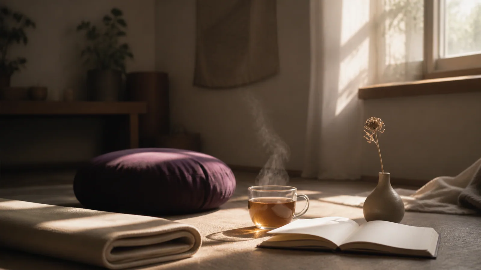 Coin matinal apaisant avec tapis de yoga, tasse de thé chaud et coussin de méditation, métaphore d'une routine anti-anxiété intégrée