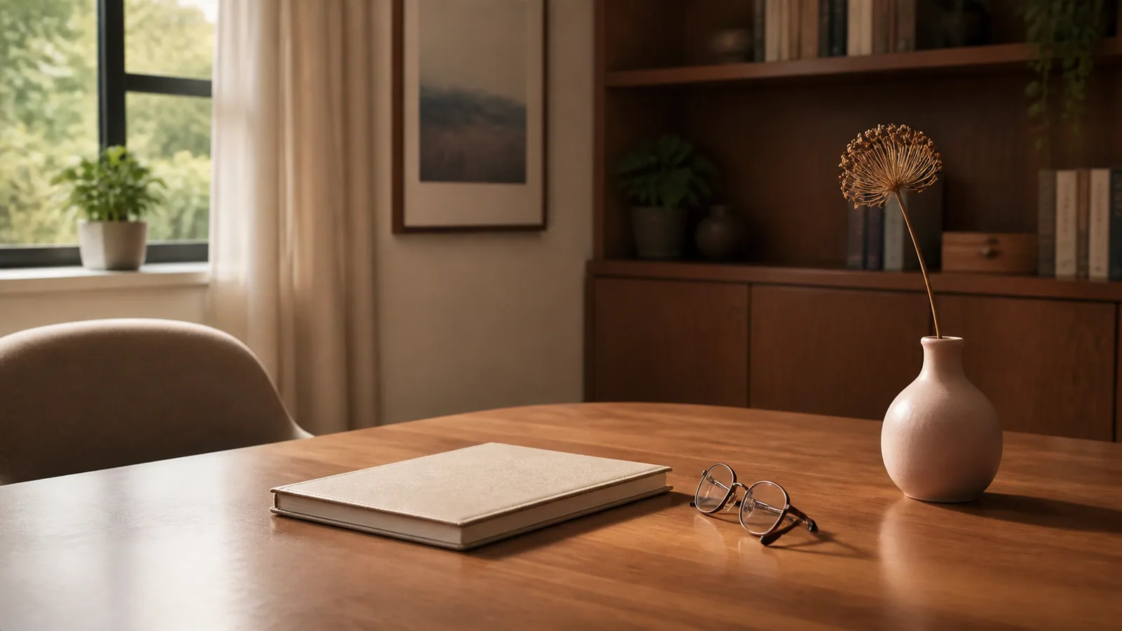 Bureau apaisant de consultation avec carnet, lunettes et fleur séchée sous lumière naturelle, évoquant un cadre professionnel d'accompagnement