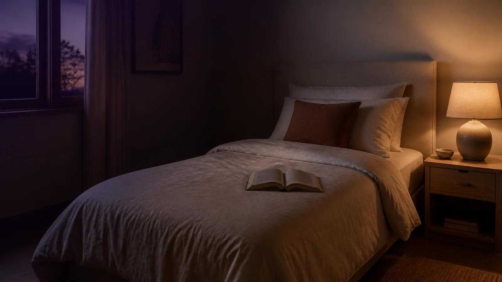 Chambre apaisante au crépuscule avec lit prêt et lampe de chevet allumée, atmosphère propice à un sommeil réparateur