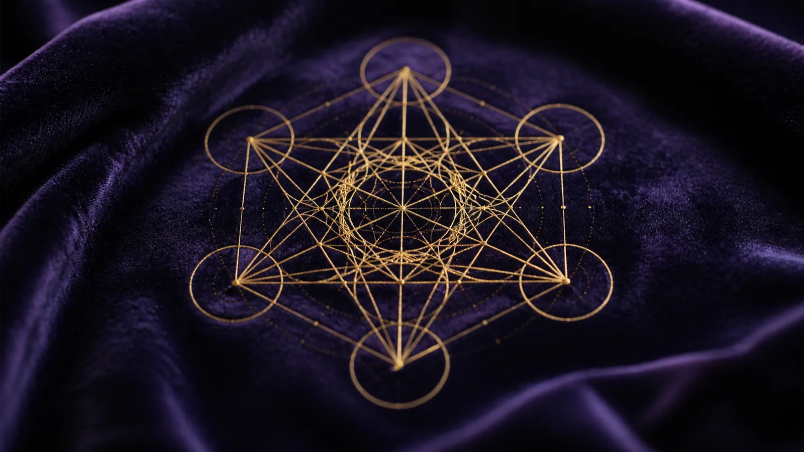 Macro d'un symbole géométrique doré finement tracé sur fond de velours violet, détail évoquant la précision des symboles du Reiki Shamballa