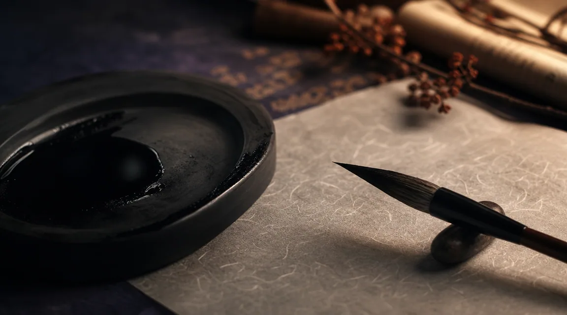 Pinceau japonais et encre sur papier washi traditionnel sous une lumière chaude latérale, évocation des origines calligraphiques des symboles Reiki