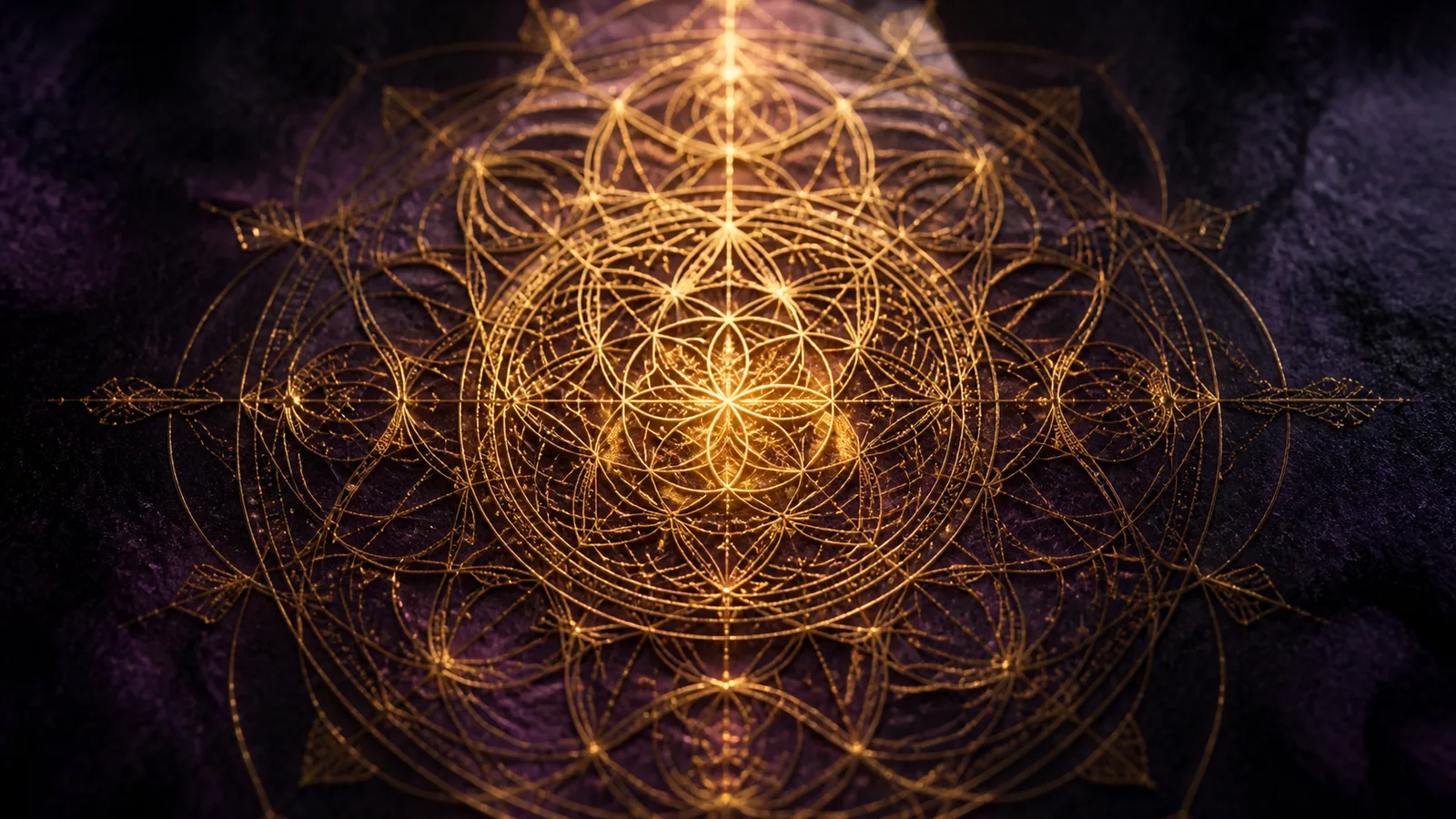 Géométrie sacrée stylisée évoquant la richesse symbolique du Reiki Shamballa : motif radiaire doré sur fond violet profond