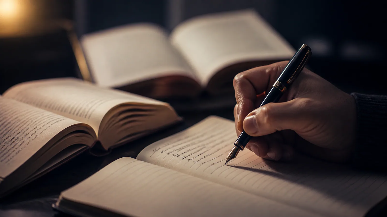 Main d'une personne anonyme prenant des notes manuscrites au stylo plume avec livres ouverts en arrière-plan, métaphore du travail de sourçage éditorial