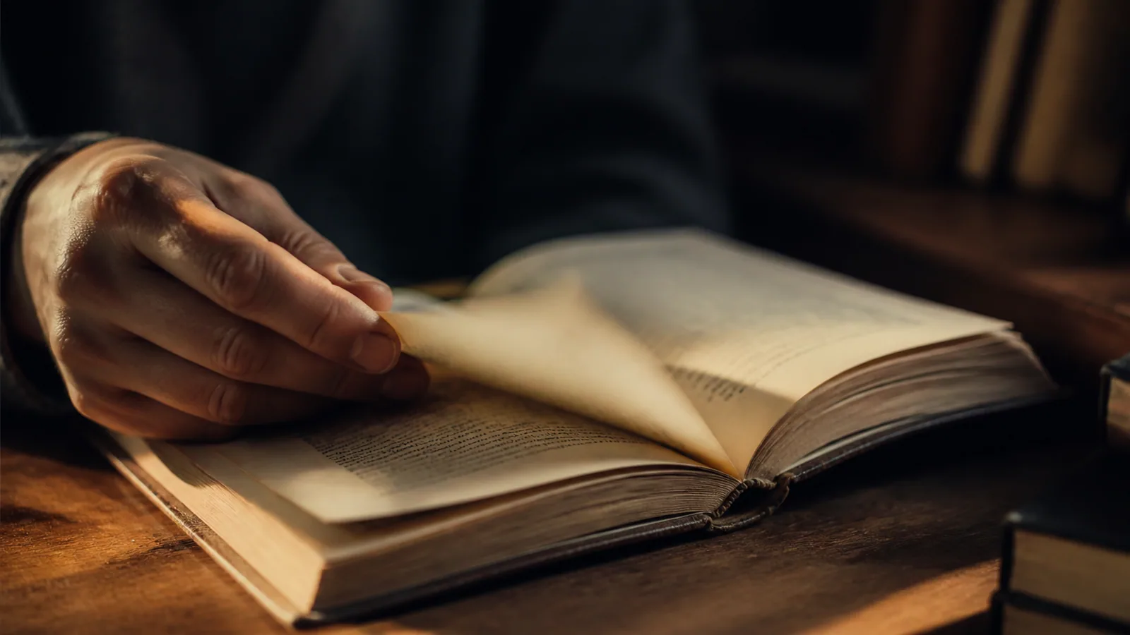 Main tournant doucement la page d'un vieux livre relié posé sur une table en bois, métaphore de l'enrichissement progressif du blog