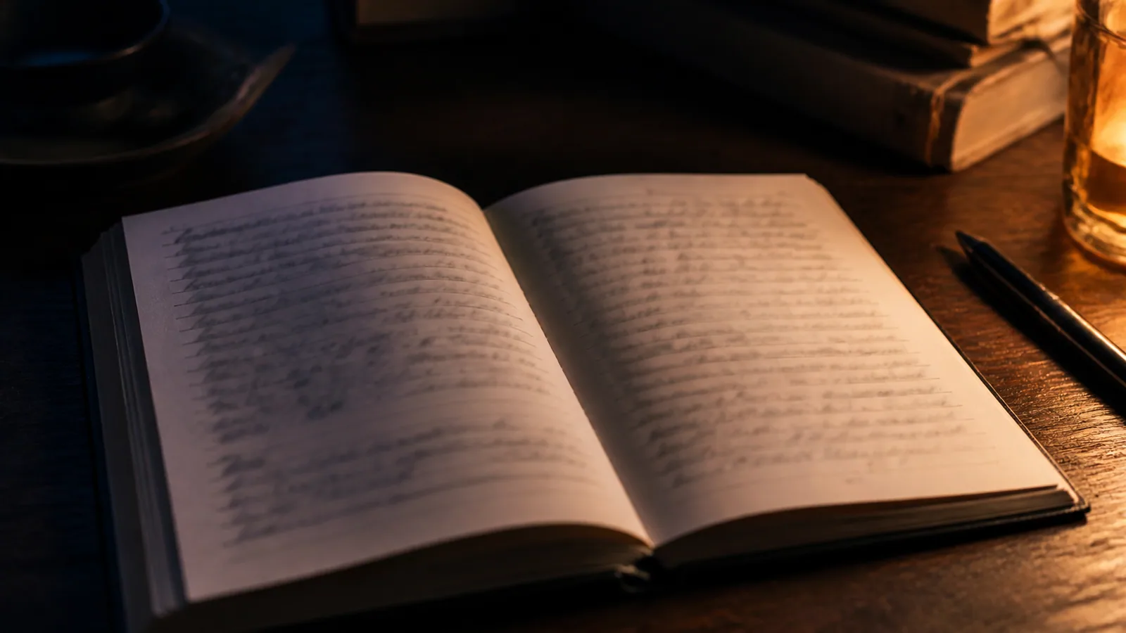 Cahier ouvert avec lignes manuscrites floues à la plume, lumière chaude latérale sur table en bois, métaphore des témoignages personnels