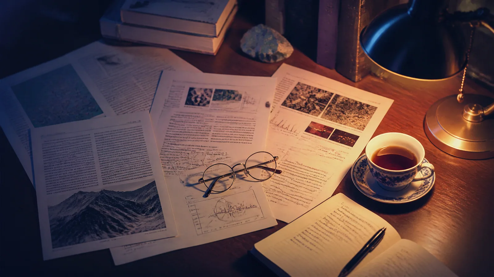 Bureau de recherche avec articles scientifiques, lunettes et carnet de notes, ambiance studieuse sous lumière chaude
