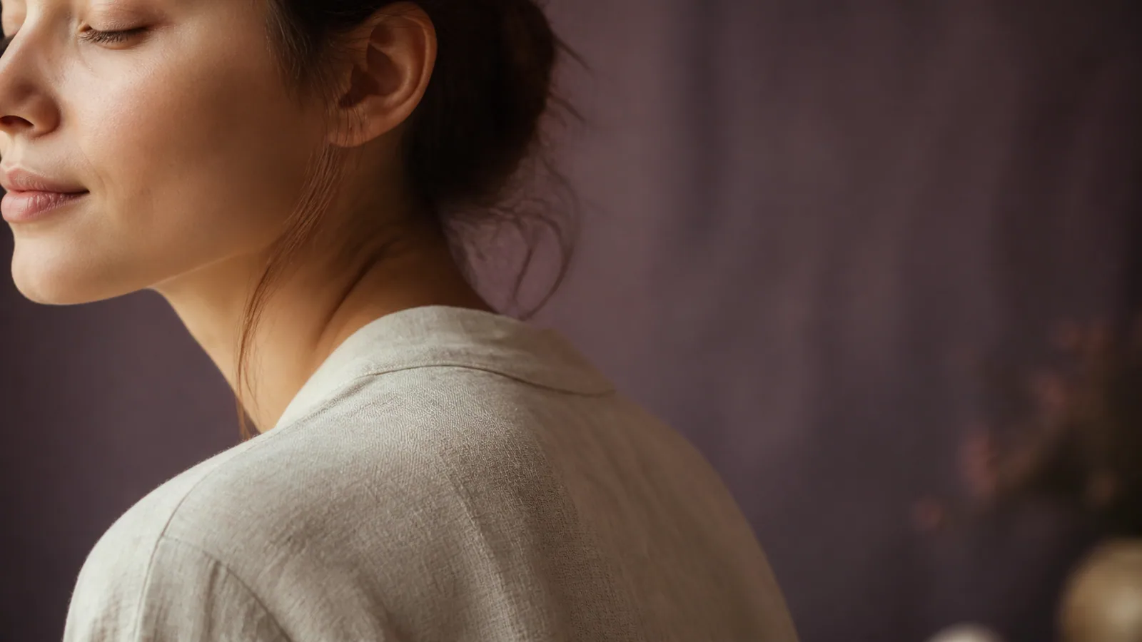 Personne sereine au repos sur un fond doux et lumineux, atmosphère apaisée évoquant les bienfaits du Reiki Shamballa