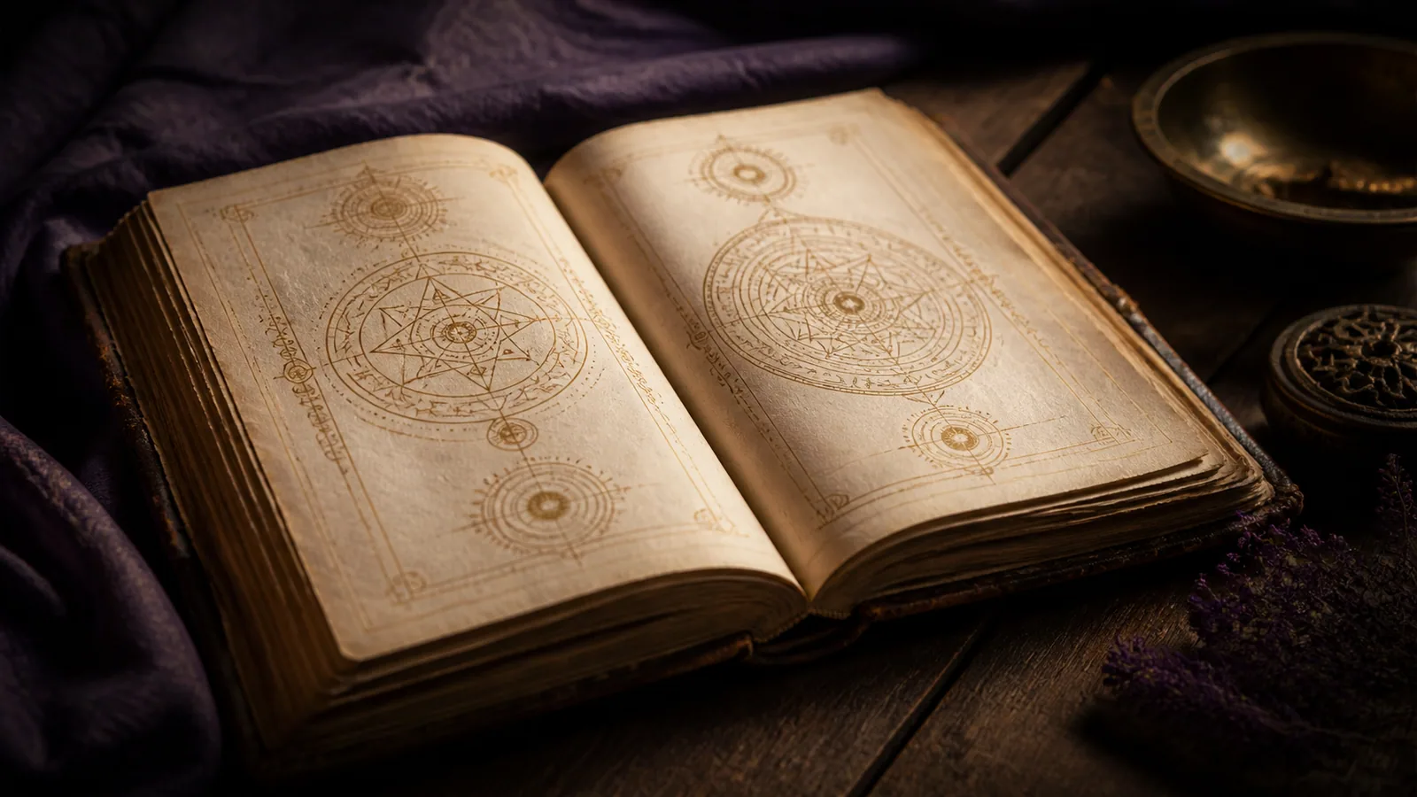 Vieux livre ouvert avec symboles dorés tracés à la plume sur du papier crème, métaphore de la transmission et de la lignée du Reiki Shamballa
