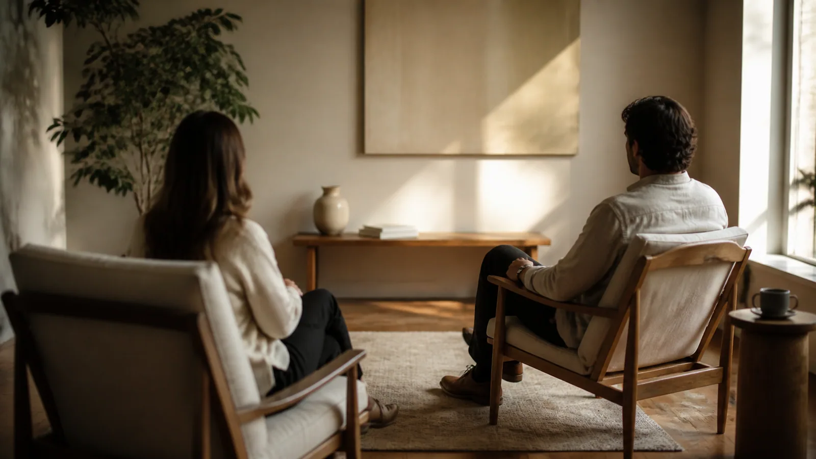 Deux personnes assises face à face dans un intérieur sobre et lumineux, échange préalable avant une séance Reiki Shamballa