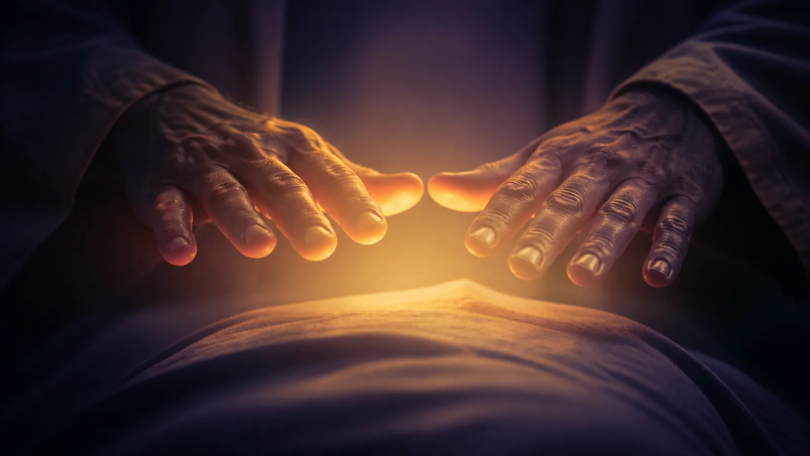 Gros plan sur des mains immobiles au-dessus d'une zone du corps avec halo doré tamisé, geste central du soin énergétique Reiki Shamballa