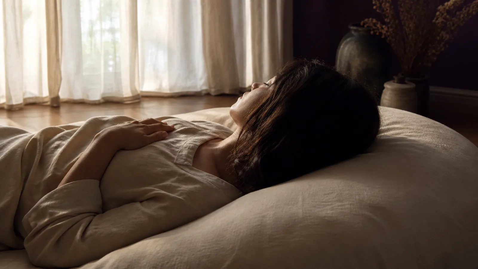 Personne au repos paisible sur un coussin avec lumière douce traversant des rideaux, intégration après une séance Reiki Shamballa
