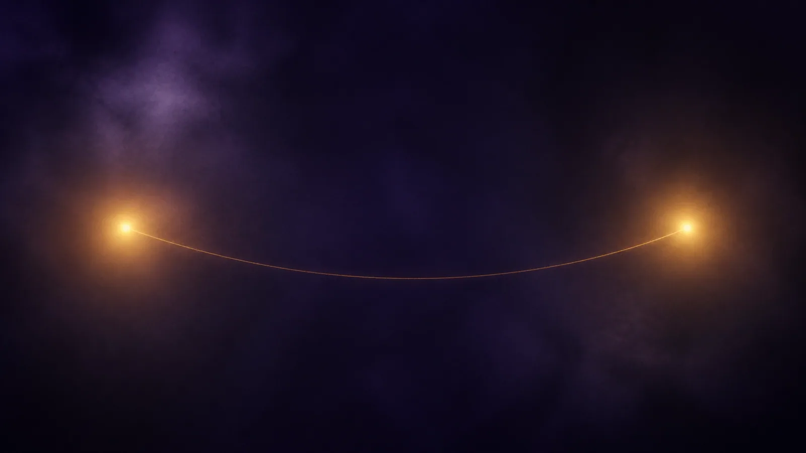 Deux points lumineux dorés reliés par un fil de lumière sur fond violet profond, métaphore visuelle de l'initiation Reiki Shamballa à distance