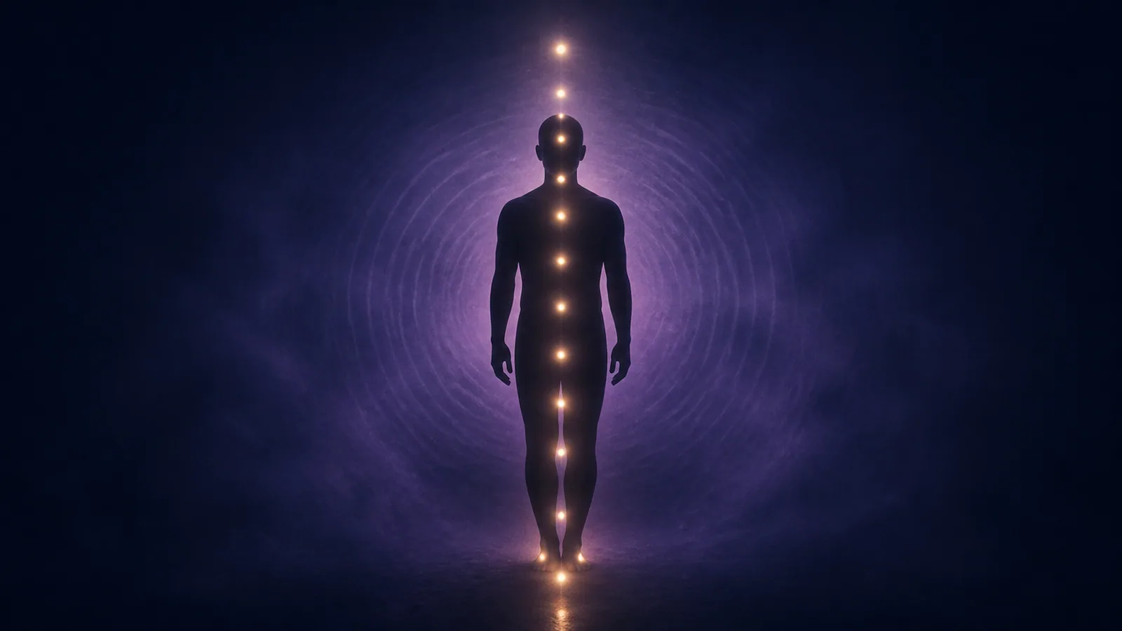 Silhouette humaine avec douze points de lumière alignés verticalement et champ d'énergie concentrique, illustration du système des 12 chakras Shamballa