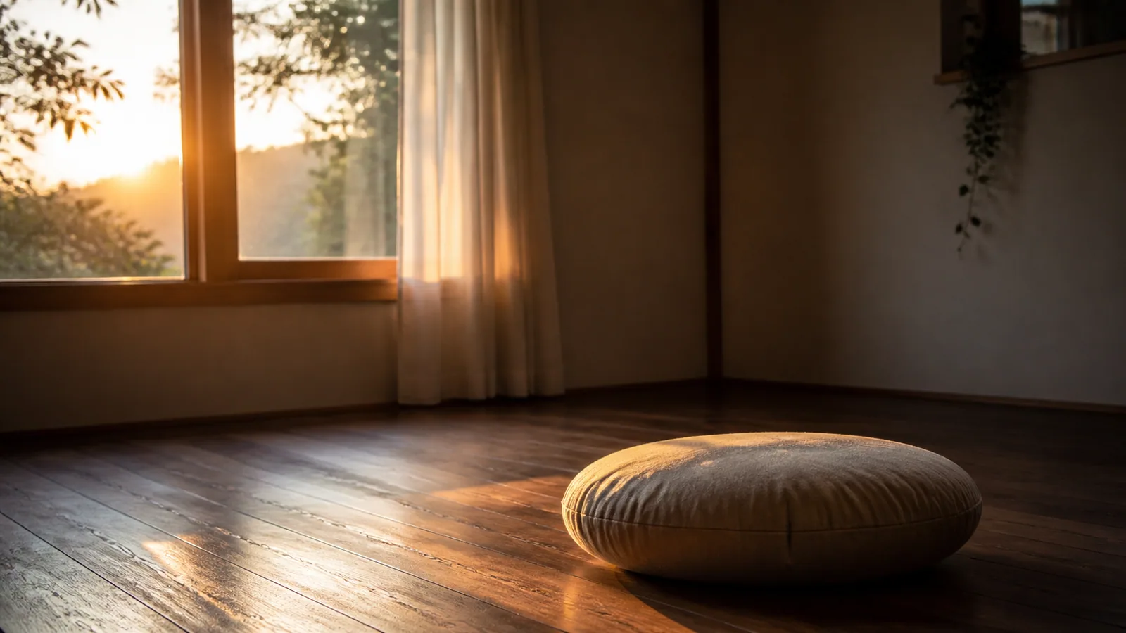 Coussin de méditation au sol baigné d'une lumière douce du matin, intérieur calme évoquant le rituel quotidien d'auto-traitement après le Niveau 1