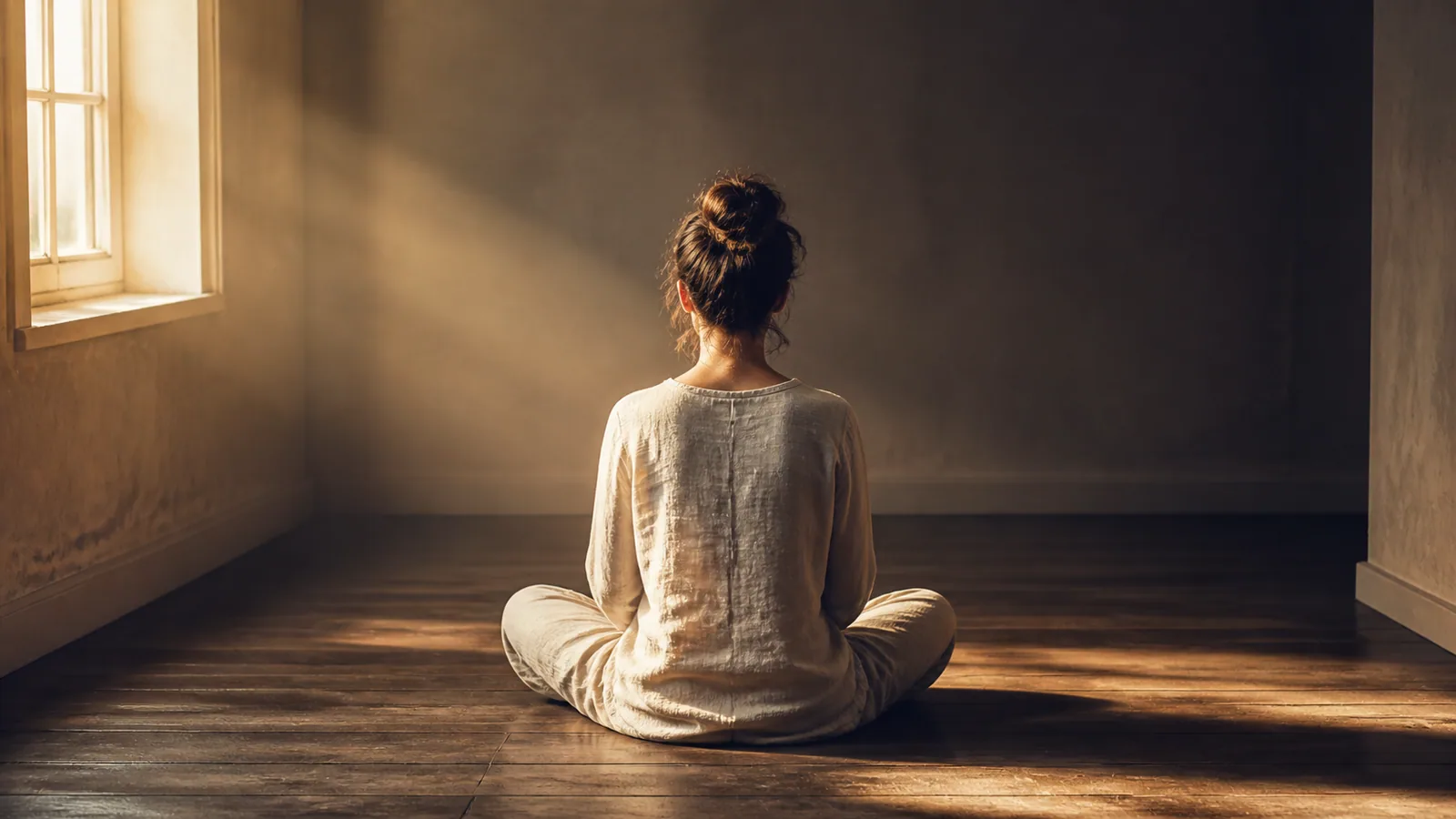 Personne assise en méditation au sol, vue de dos, lumière douce du matin, ambiance d'initiation Reiki Shamballa Niveau 1