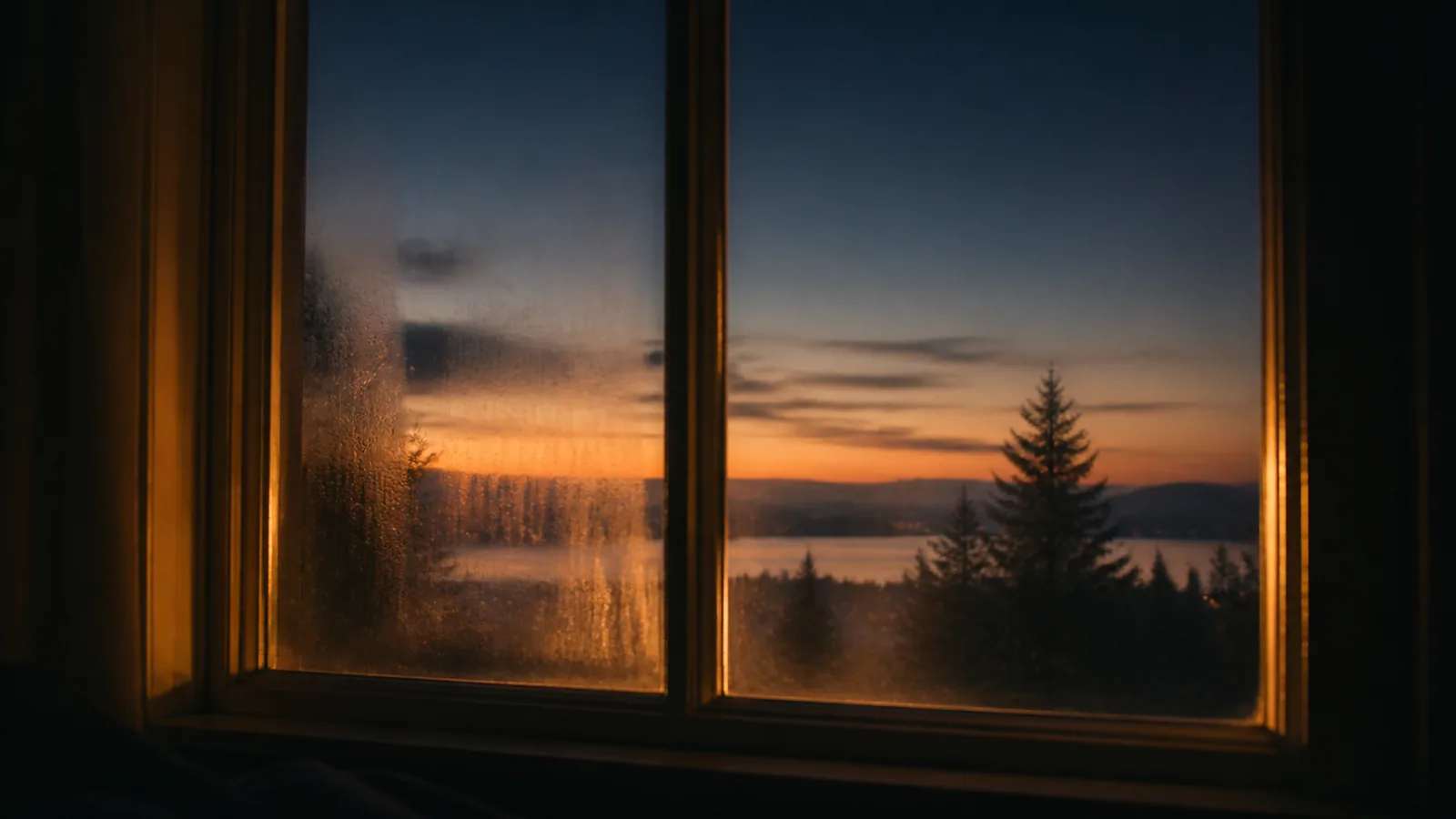 Vue d'une fenêtre éclairée par une lumière dorée diffuse au crépuscule sur un paysage flou, métaphore du soin Reiki Shamballa à distance