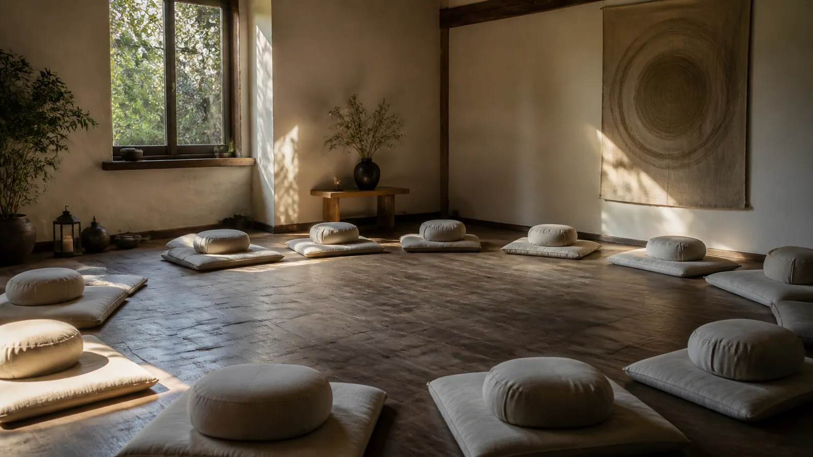 Pièce simple avec coussins disposés en cercle au sol et lumière naturelle douce, atelier d'enseignement Reiki Shamballa Niveau 4