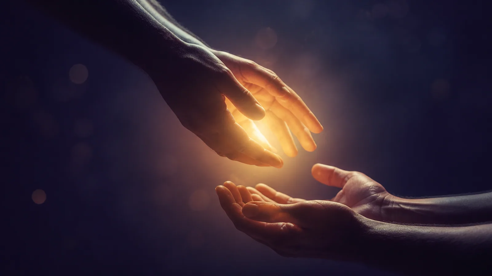 Deux mains adultes transmettant délicatement une lumière dorée à une autre paire de mains, métaphore de la transmission au Niveau 4 du Reiki Shamballa