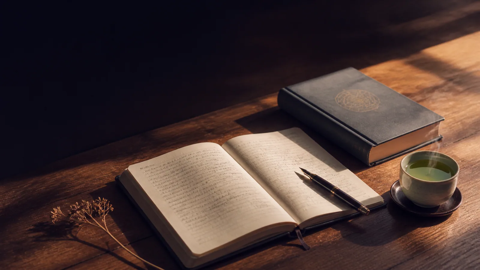 Bureau d'étude avec carnet ouvert, plume, livre de référence et tasse de thé sous lumière chaude — préparation à une formation Reiki Shamballa