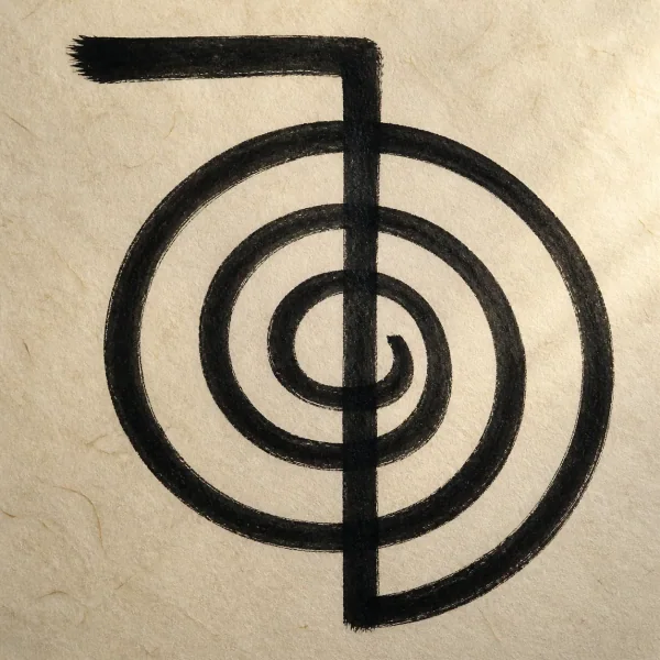 Symbole Reiki Cho Ku Rei : trait horizontal supérieur, descente verticale et spirale coilée — encre sumi noire sur papier washi