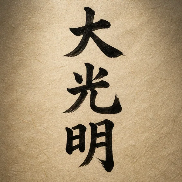 Symbole Reiki Dai Ko Myo : 3 kanji empilés verticalement (大光明) — encre sumi noire sur papier washi