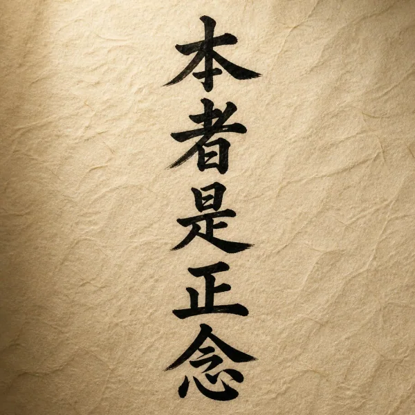 Symbole Reiki Hon Sha Ze Sho Nen : 5 kanji empilés verticalement (本者是正念) — encre sumi noire sur papier washi