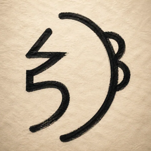 Symbole Reiki Sei He Ki : forme courbe rappelant une vague ou un oiseau stylisé — encre sumi noire sur papier washi