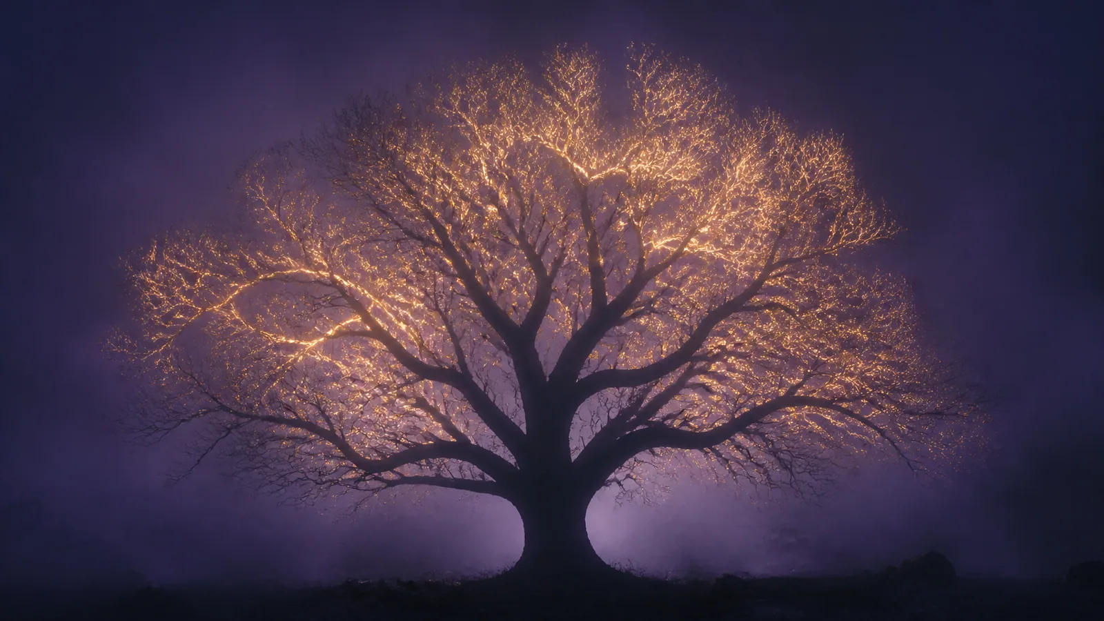 Arbre lumineux à plusieurs branches dorées dans une brume violette, métaphore visuelle des lignées issues du Reiki Usui